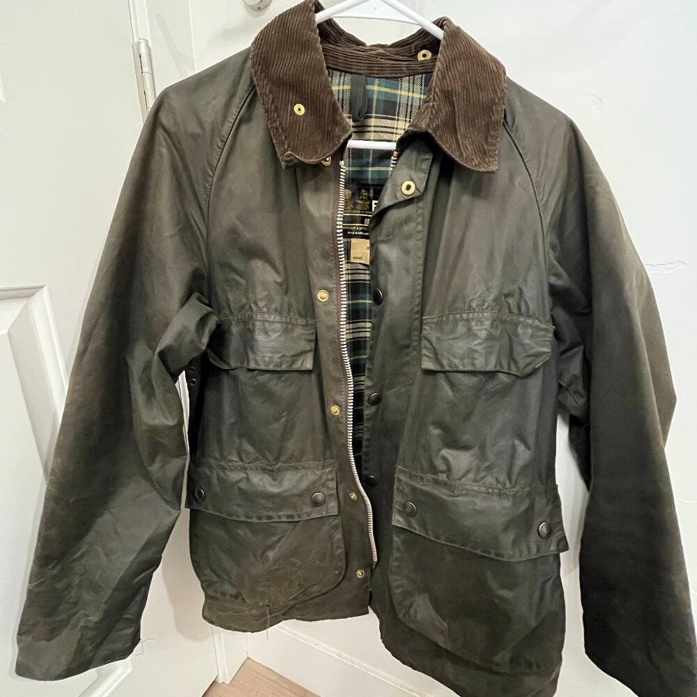 Barbour Olive Green Waxed Cotton Jacket with Brown Corduroy Collar